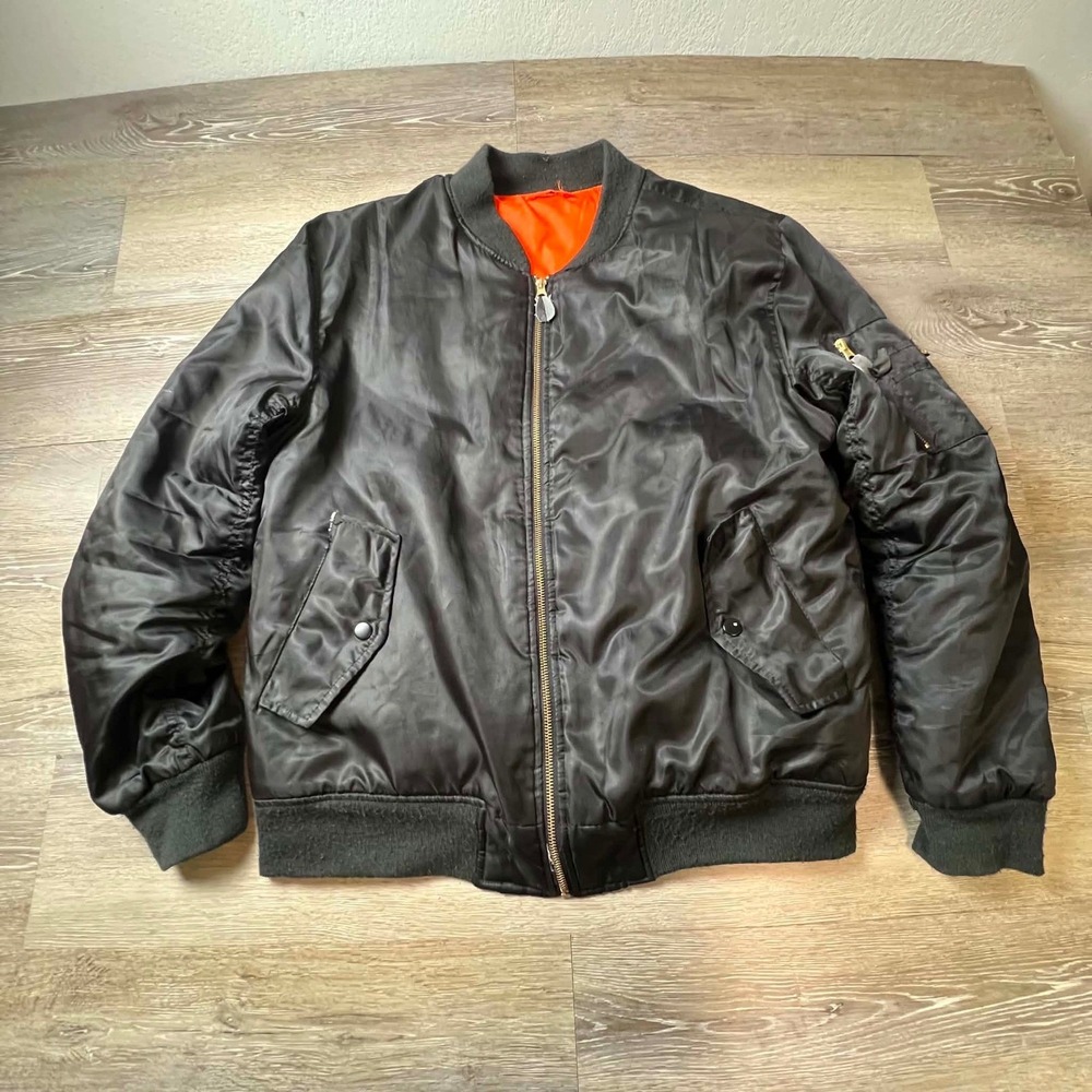 Swiss Cross Bomber Jacket Mens M Black Orange Lining MA-1 Flight Utility Coat